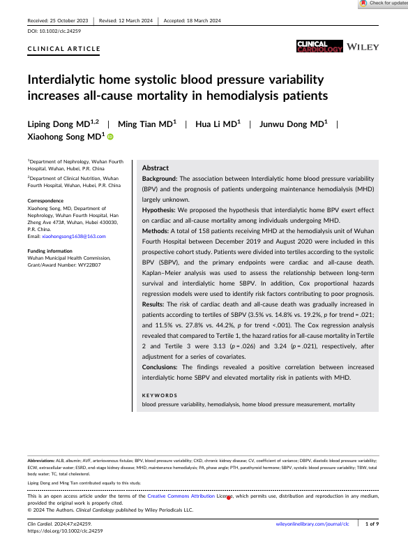 Interdialytic home systolic blood pressure variability increases all‐cause mortality in hemodialysis patients