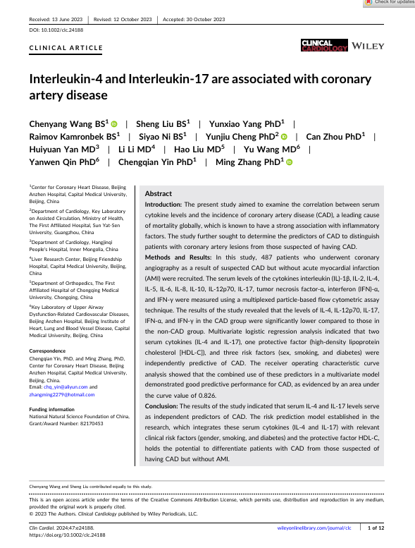 Interleukin‐4 and Interleukin‐17 are associated with coronary artery disease