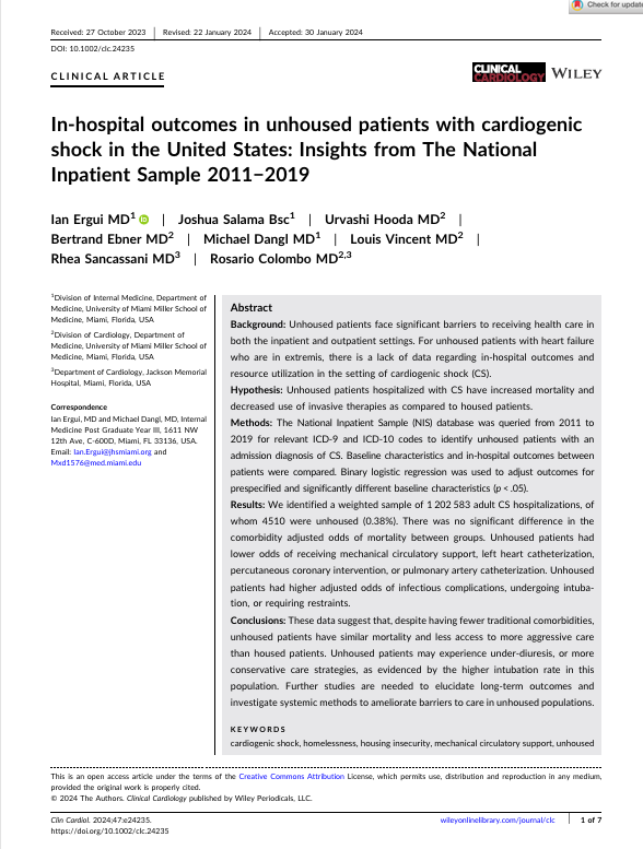 In‐hospital outcomes in unhoused patients with cardiogenic shock in the United States: Insights from The National Inpatient Sample 2011−2019