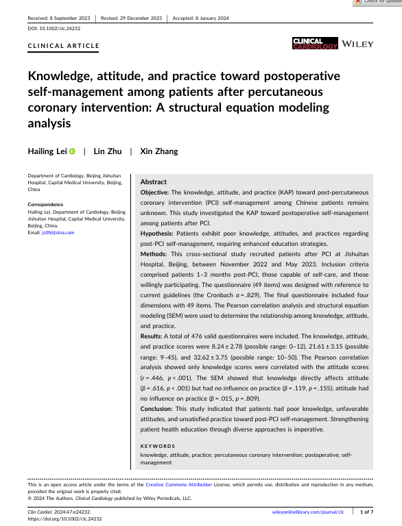 Knowledge, attitude, and practice toward postoperative self‐management among patients after percutaneous coronary intervention: A structural equation modeling analysis