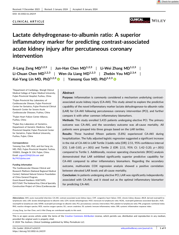Lactate dehydrogenase‐to‐albumin ratio: A superior inflammatory marker for predicting contrast‐associated acute kidney injury after percutaneous coronary intervention