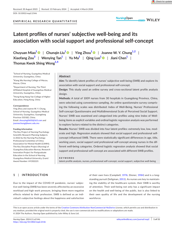 Latent profiles of nurses’ subjective well- being and its association with social support and professional self- concept
