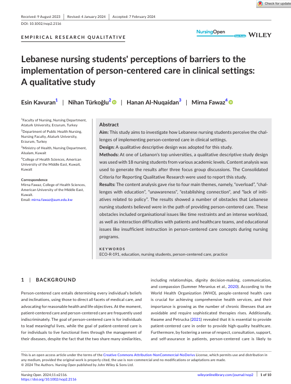 Lebanese nursing students' perceptions of barriers to the implementation of person- centered care in clinical settings: A qualitative study