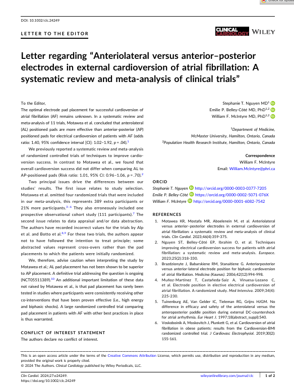 Letter regarding “Anteriolateral versus anterior–posterior electrodes in external cardioversion of atrial fibrillation: A systematic review and meta‐analysis of clinical trials”