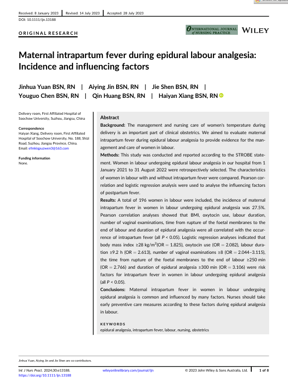 Maternal intrapartum fever during epidural labour analgesia: Incidence and influencing factory