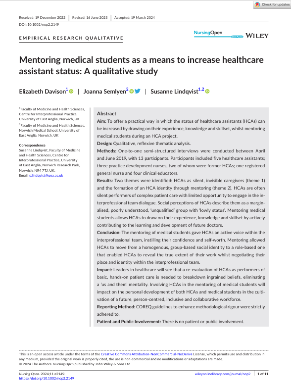 Mentoring medical students as a means to increase healthcare assistant status: A qualitative study