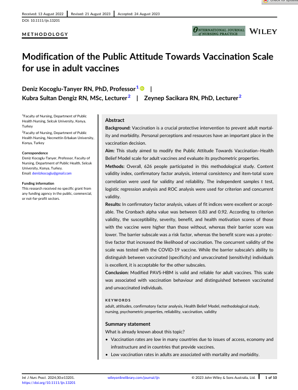 Modification of the Public Attitude Towards Vaccination Scale for use in adult vaccines