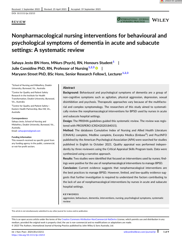 Non pharmacological nursing interventions for behavioural and psychological symptoms of dementia in acute and subacute settings: A systematic review