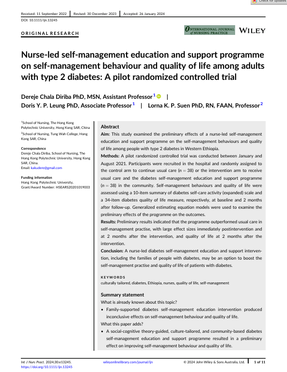 Nurse-led self-management education and support programme on self-management behaviour and quality of life among adults with type 2 diabetes: A pilot randomized controlled trial