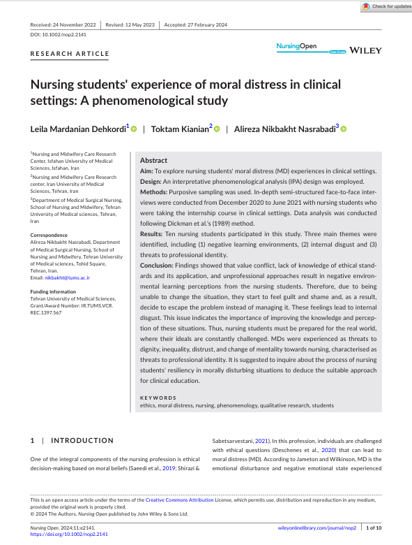 Nursing students' experience of moral distress in clinical settings: A phenomenological study