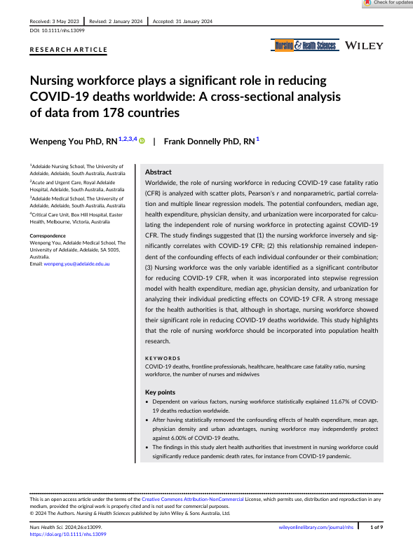 Nursing work force plays a significant role in reducing COVID-19 deaths worldwide: A cross-sectional analysis of data from 178 countries
