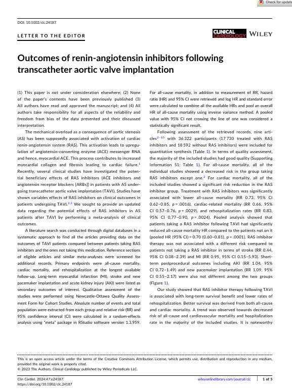 Outcomes of renin‐angiotensin inhibitors following transcatheter aortic valve implantation
