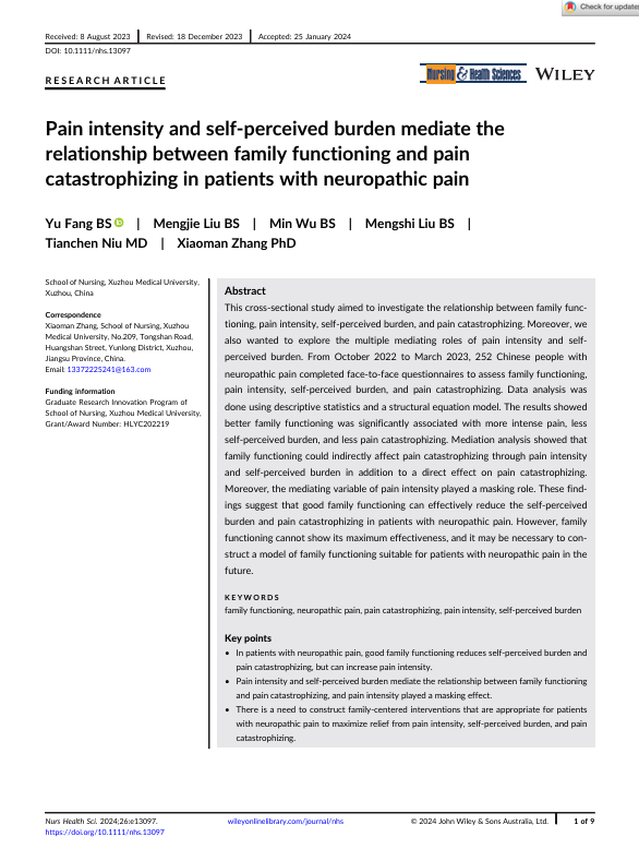 Pain intensity and self-perceived burden mediate the relationship between family functioning and pain catastrophizing in patients with neuropathic pain