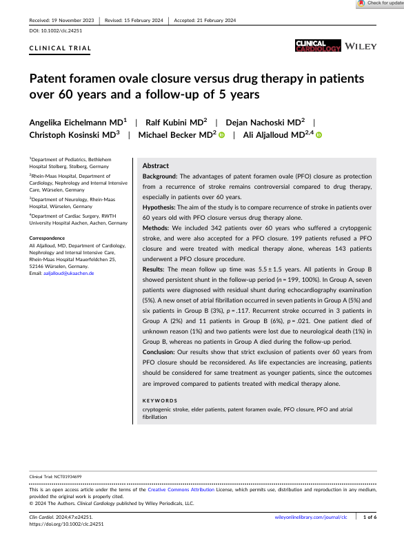 Patent foramen ovale closure versus drug therapy in patients over 60 years and a follow‐up of 5 years