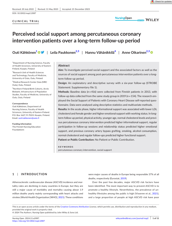 Perceived social support among percutaneous coronary intervention patients over a long- term follow- up period