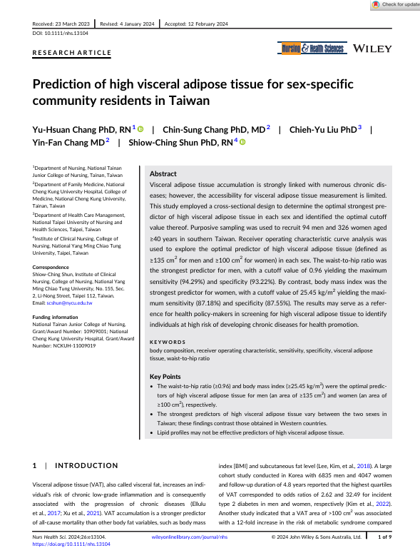 Prediction of high visceral adipose tissue for sex-specific community residents in Taiwan