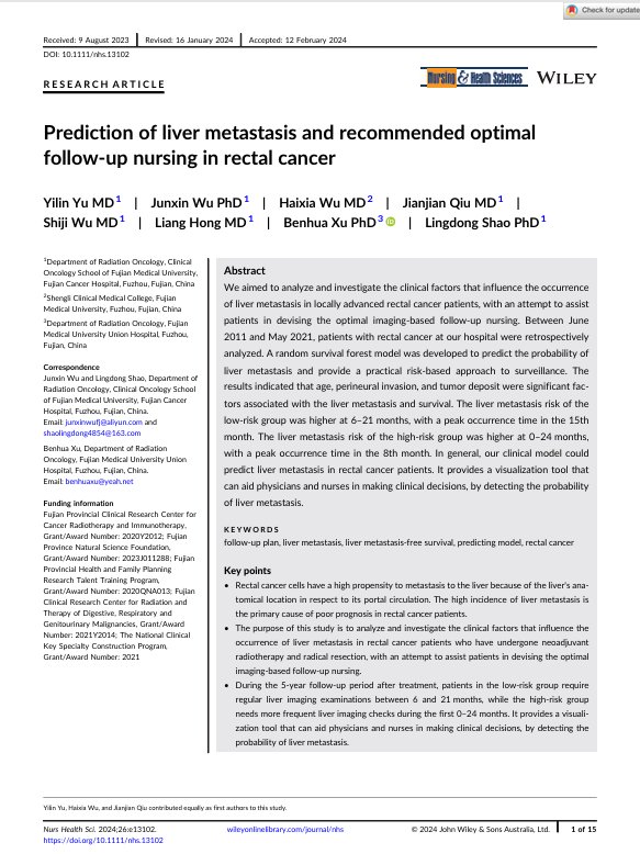 Prediction of liver metastasis and recommended optimal follow-up nursing in rectal cancer