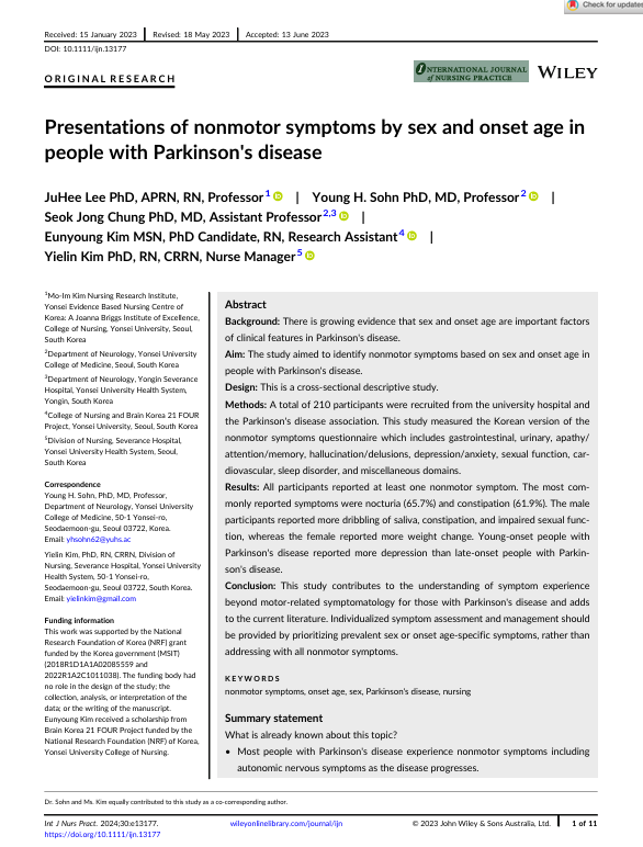 Presentations of nonmotor symptoms by sex and onset age in people with Parkinson's disease