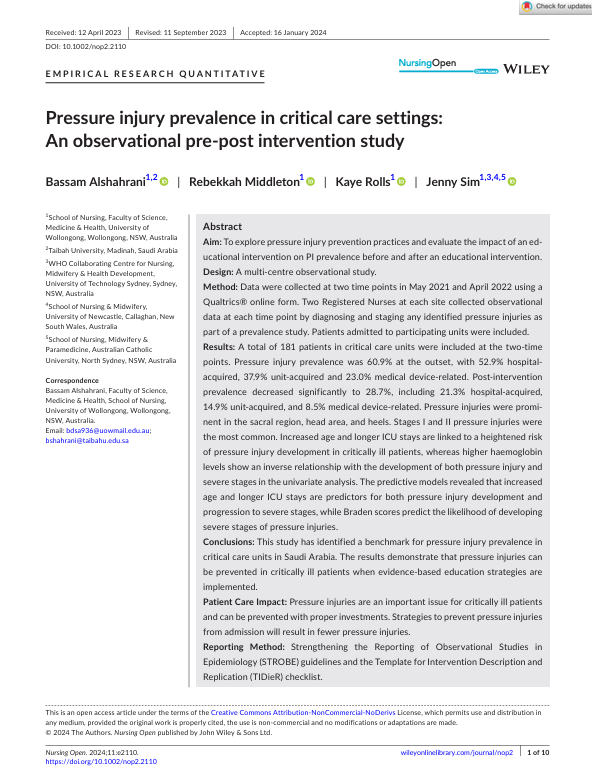 Pressure injury prevalence in critical care settings: An observational pre- post intervention study