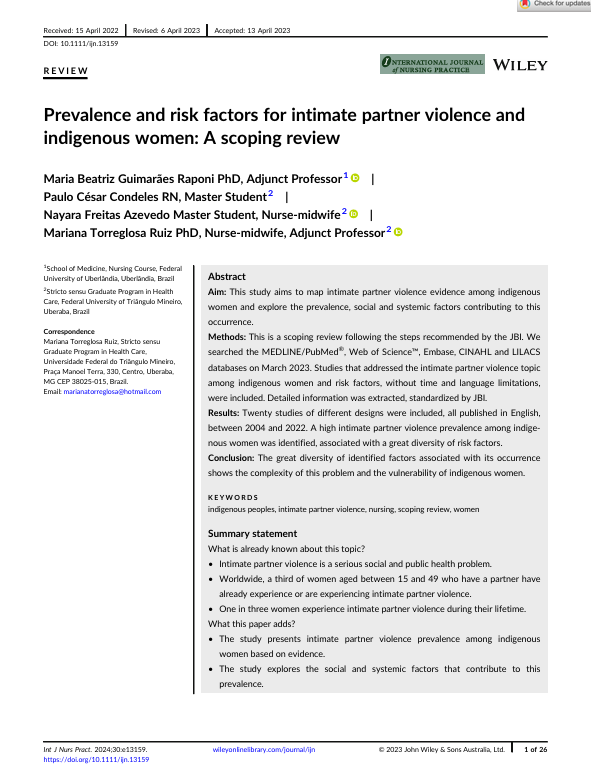 Prevalence and risk factors for intimate partner violence and indigenous women: A scoping review