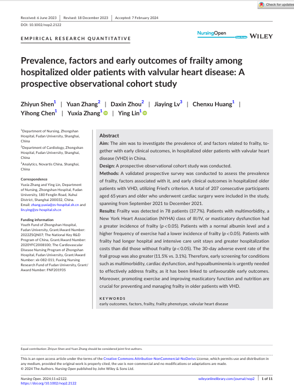 Prevalence, factors and early outcomes of frailty among hospitalized older patients with valvular heart disease: A prospective observational cohort study