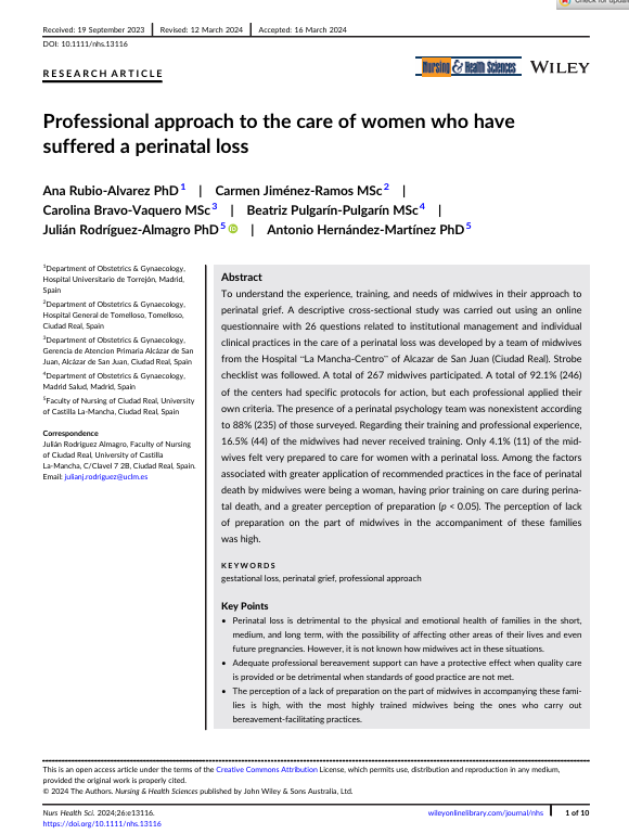 Professional approach to the care of women who have suffered a perinatal loss