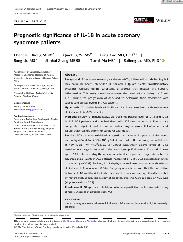 Prognostic significance of IL‐18 in acute coronary syndrome patients