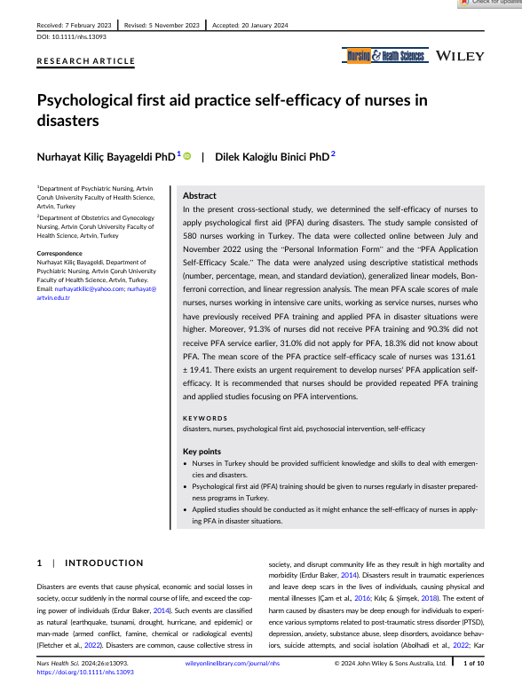 Psychological first aid practice self-efficacy of nurses in disasters