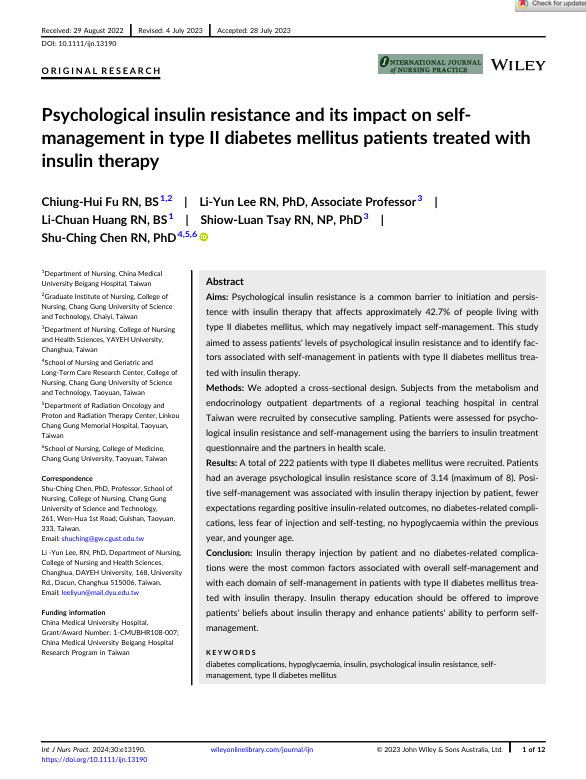 Psychological insulin resistance and its impact on self management in type II diabetes mellitus patients treated with insulin therapy