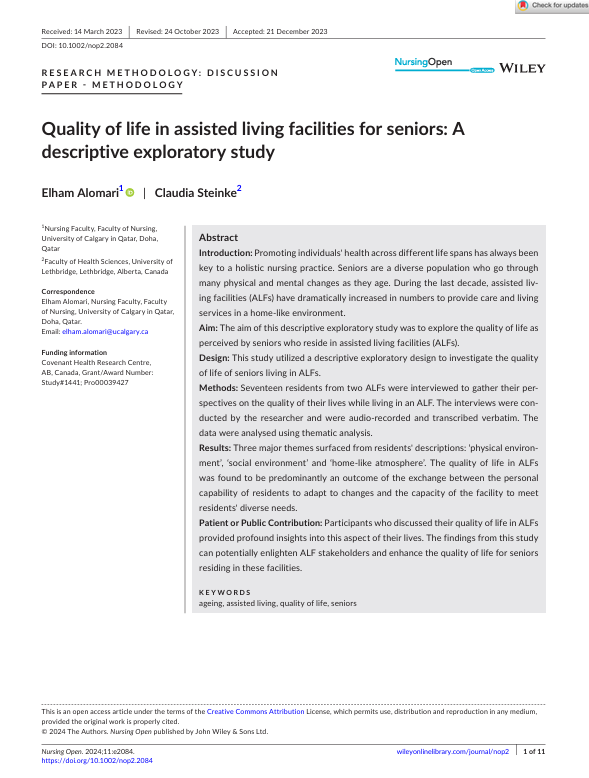 Quality of life in assisted living facilities for seniors: A descriptive exploratory study