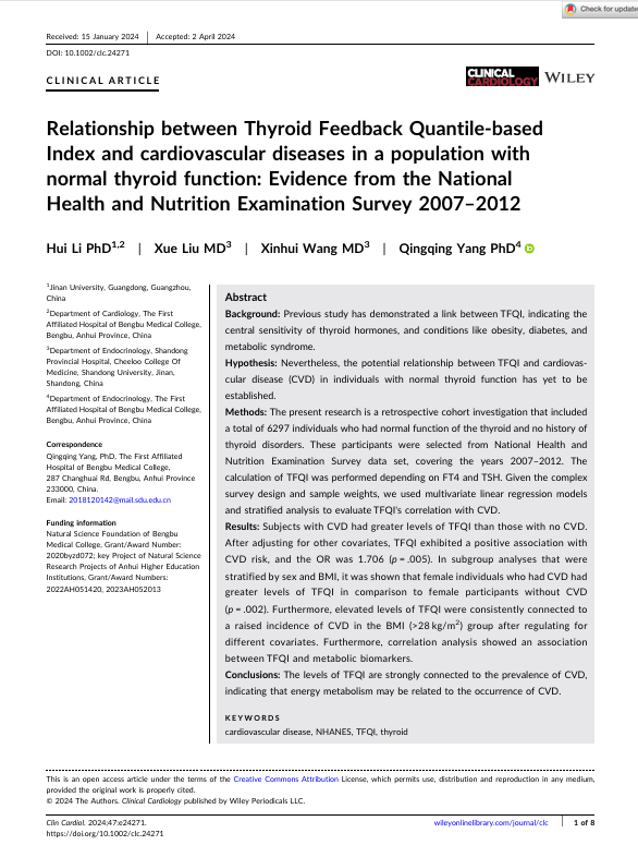 Relationship between Thyroid Feedback Quantile‐based Index and cardiovascular diseases in a population with normal thyroid function: Evidence from the National Health and Nutrition Examination Survey 2007–2012