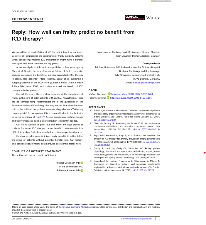 Reply: How well can frailty predict no benefit from ICD therapy?
