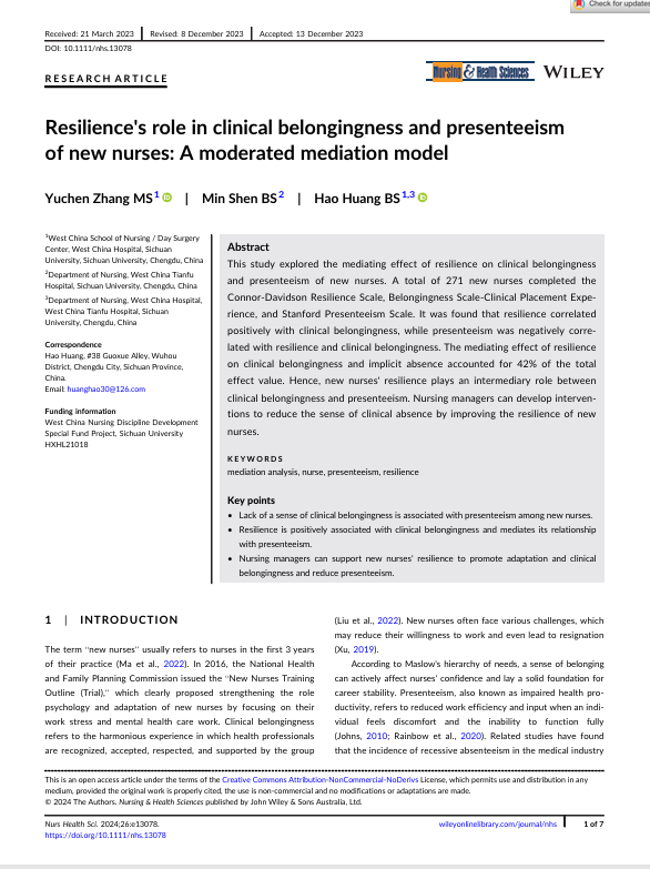 Resilience's role in clinical belongingness and presenteeism of new nurses: A moderated mediation model