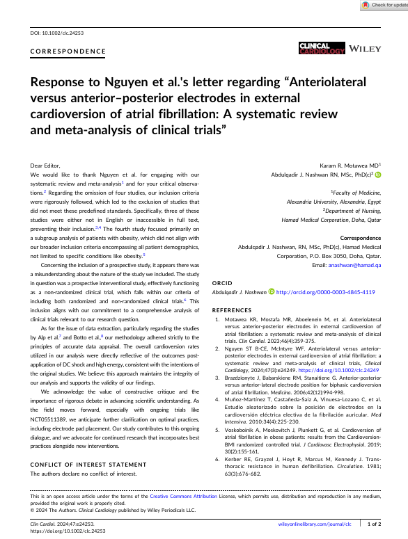 Response to Nguyen et al.'s letter regarding “Anteriolateral versus anterior–posterior electrodes in external cardioversion of atrial fibrillation: A systematic review and meta‐analysis of clinical trials”