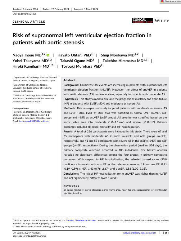 Risk of supranormal left ventricular ejection fraction in patients with aortic stenosis