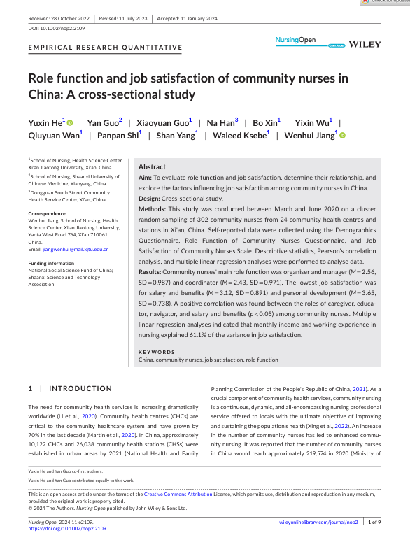 Role function and job satisfaction of community nurses in China: A cross- sectional study