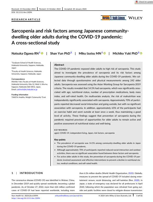 Sarcopenia and risk factors among Japanese community dwelling older adults during the COVID-19 pandemic: Across-sectional study