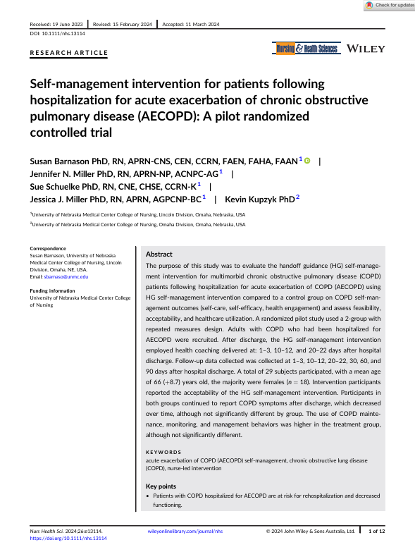Self management intervention for patients following hospitalization for acute exacerbation of chronic obstructive pulmonary disease(AECOPD):A pilot randomized controlled trial