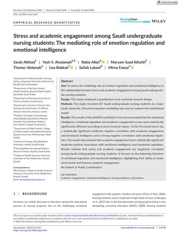 Stress and academic engagement among Saudi undergraduate nursing students: The mediating role of emotion regulation and emotional intelligence