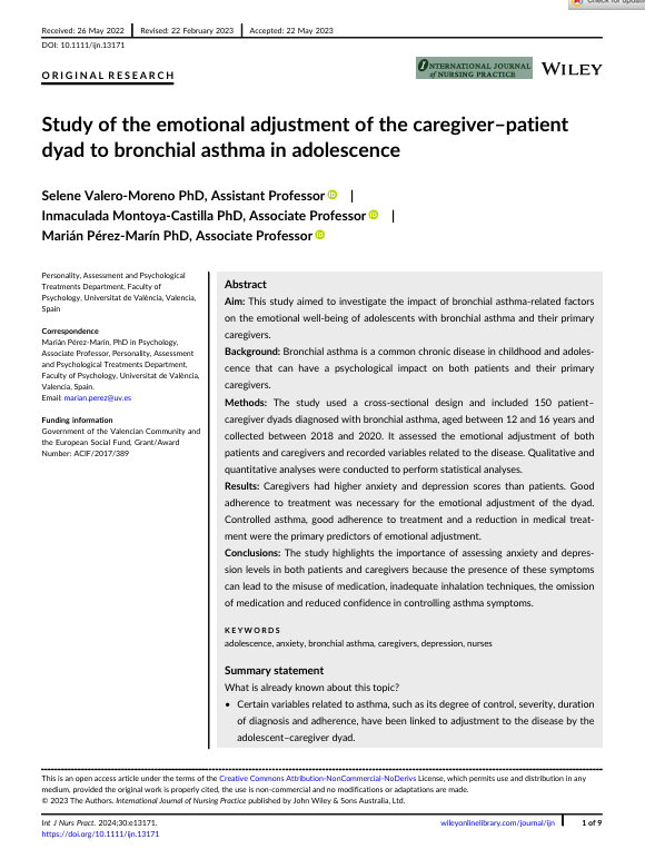 Study of the emotional adjustment of the caregiver–patient dyad to bronchial asthma in adolescence