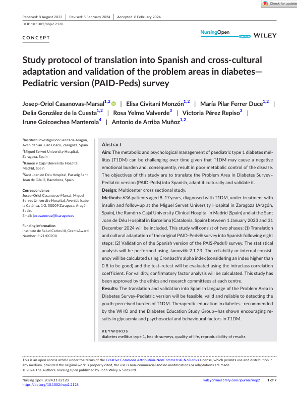 Study protocol of translation into Spanish and cross- cultural adaptation and validation of the problem areas in diabetes— Pediatric version (PAID- Peds) survey