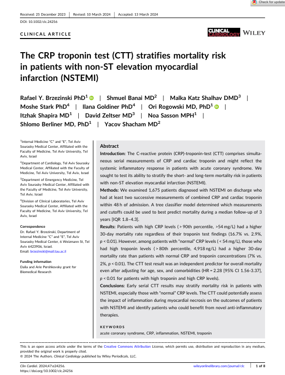 The CRP troponin test (CTT stratifies mortality risk in patients with non‐ST elevation myocardial infarction(NSTEMI)