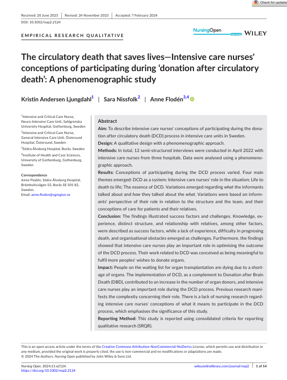 The circulatory death that saves lives—Intensive care nurses' conceptions of participating during ‘donation after circulatory death’: A phenomenographic study