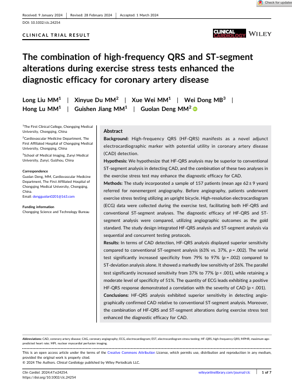 The combination of high‐frequency QRS and ST‐segment alterations during exercise stress tests enhanced the diagnostic efficacy for coronary artery disease