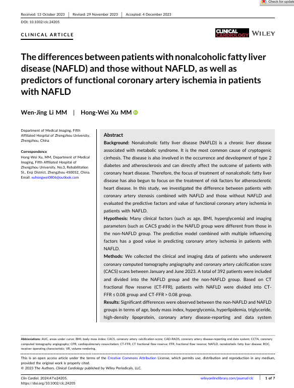 The differences between patients with nonalcoholic fatty liver disease (NAFLD) and those without NAFLD, as well as predictors of functional coronary artery ischemia in patients with NAFLD