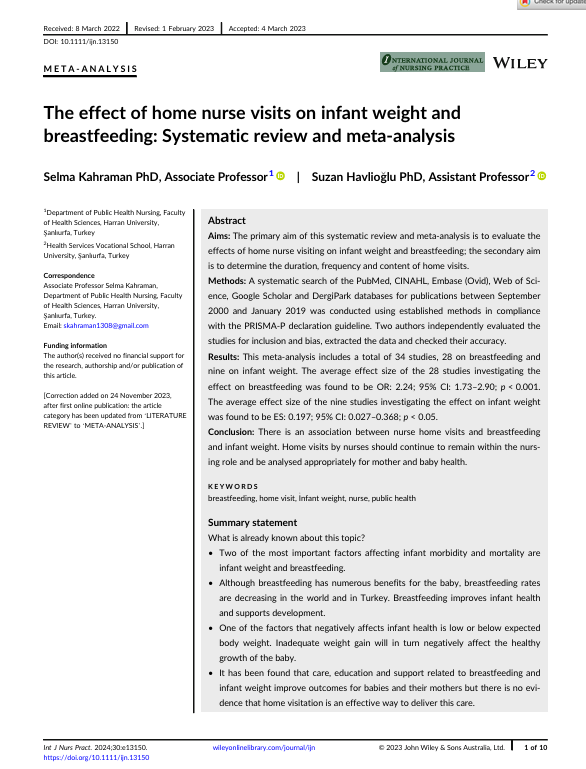 The effect of home nurse visits on infant weight and breastfeeding: Systematic review and meta-analysis