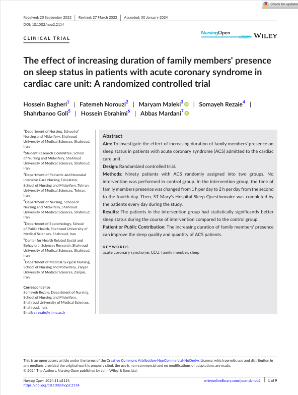 The effect of increasing duration of family members' presence on sleep status in patients with acute coronary syndrome in cardiac care unit: A randomized controlled trial