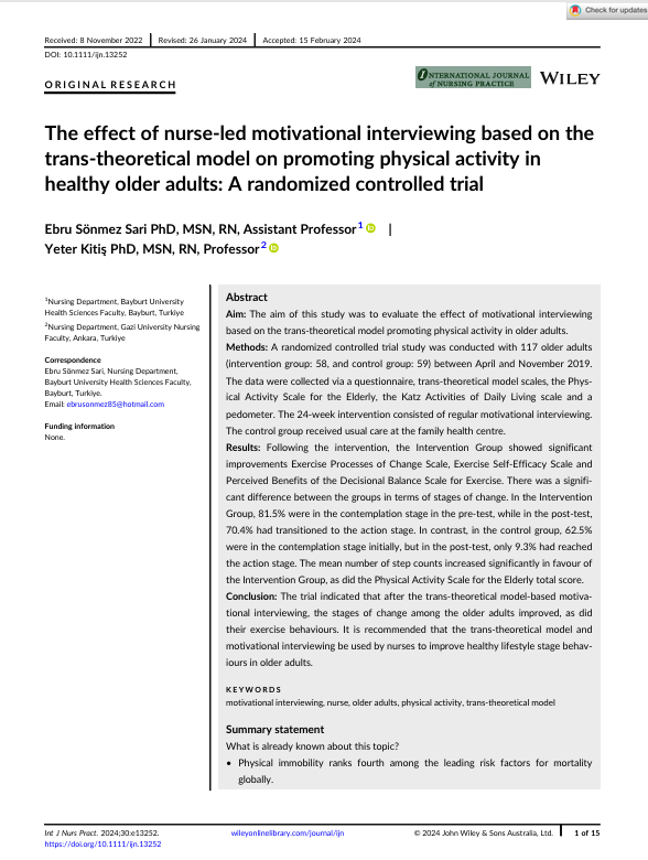 The effect of nurse-led motivational interviewing based on the trans-theoretical model on promoting physical activity in healthy older adults: A randomized controlled trial