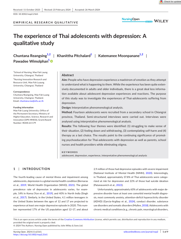 The experience of Thai adolescents with depression: A qualitative study