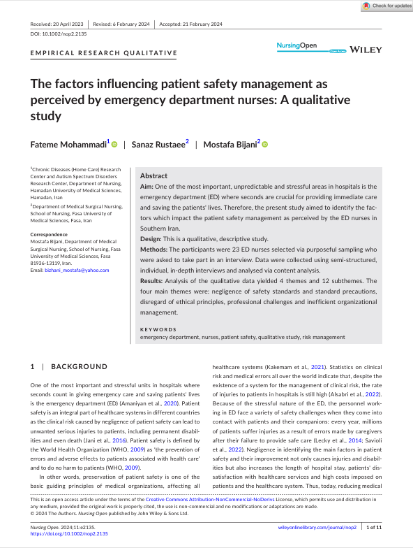The factors influencing patient safety management as perceived by emergency department nurses: A qualitative study